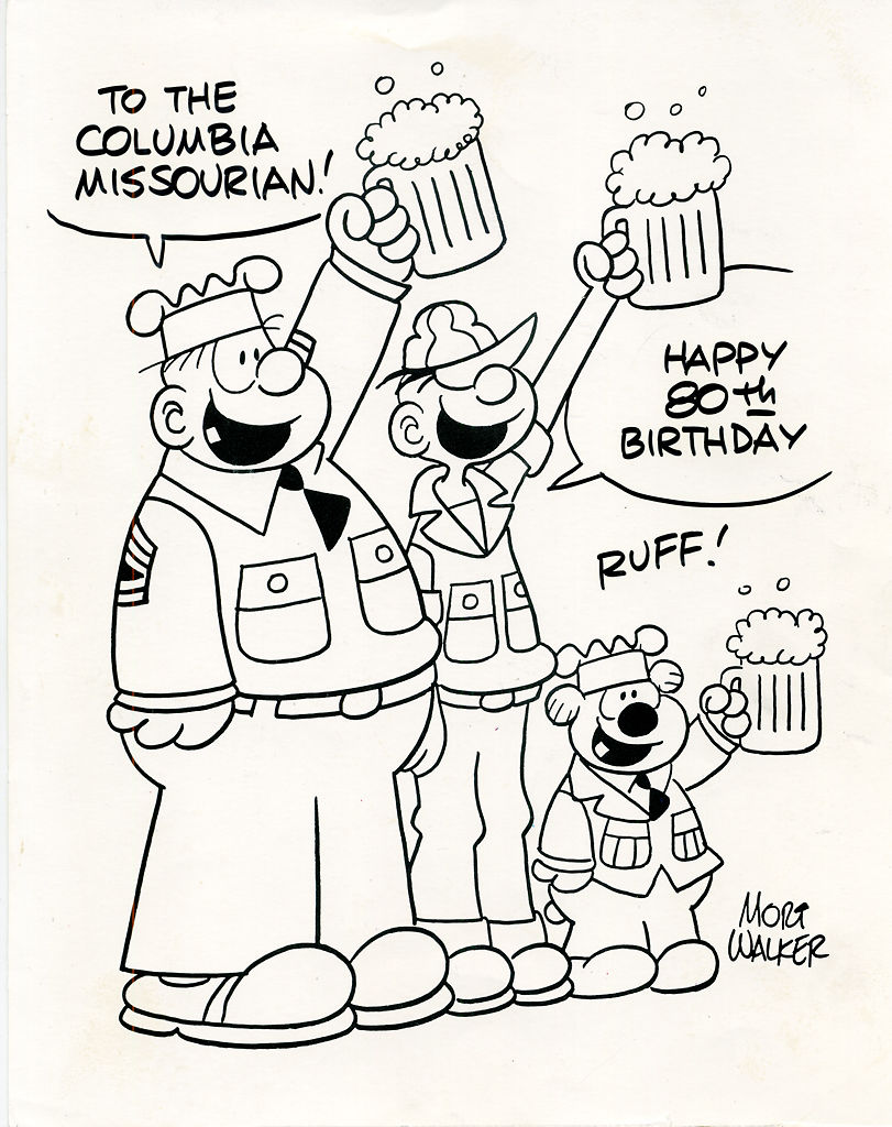 Mort Walker's cartoon characters from his comic strip series, Beetle Bailey, salute the Columbia Missourian